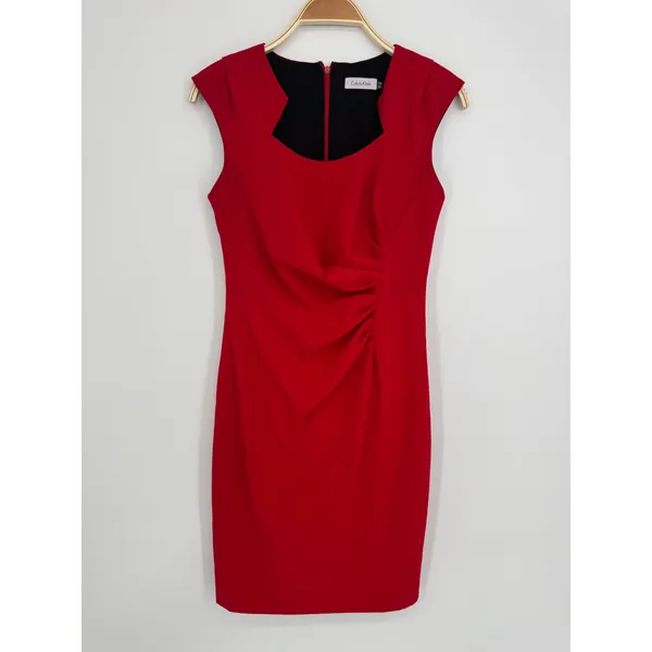 Calvin Klein Sheath Dress 4 Red Sleeveless Ruched Cocktail Party Wedding Guest - Image 2