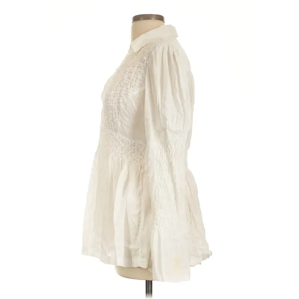 By Anthropologie White Smocked Peplum Blouse M Long Sleeve Boho Cottagecore Top - Image 2