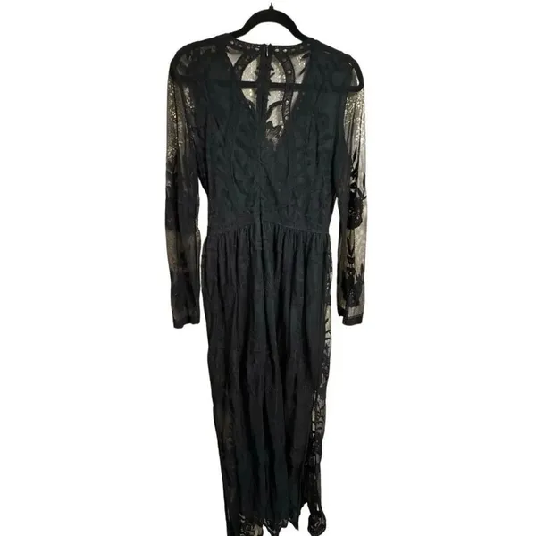 Black Lace Overlay Long Sleeve Floral Witchy Goth Boho Romantic Dress Medium - Image 2