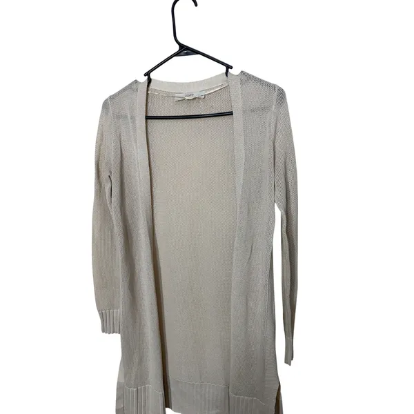 Loft Petites Oatmeal Beige Linen Blend‎ Open Front Mesh Longline Cardigan XXSP - Image 2