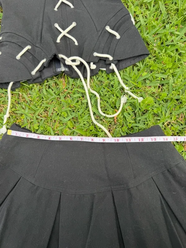 Black Corset Top & Pleated Micro Skort Set Distressed Lace Up Y2K Coquette S - Image 5