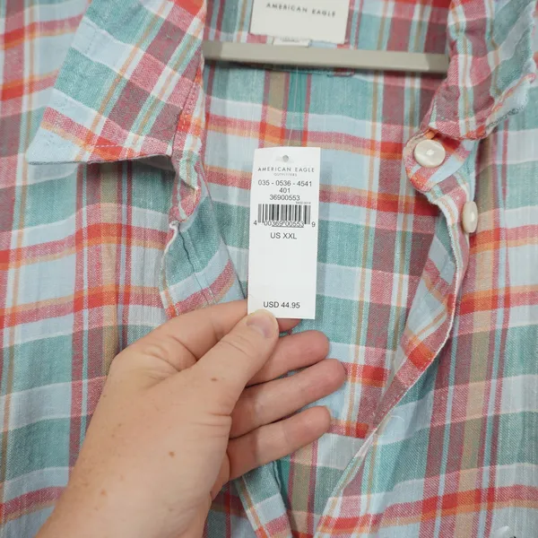 American Eagle Oversized Plaid Linen Blend Button Down Shirt XXL Short Sleeve - Image 3