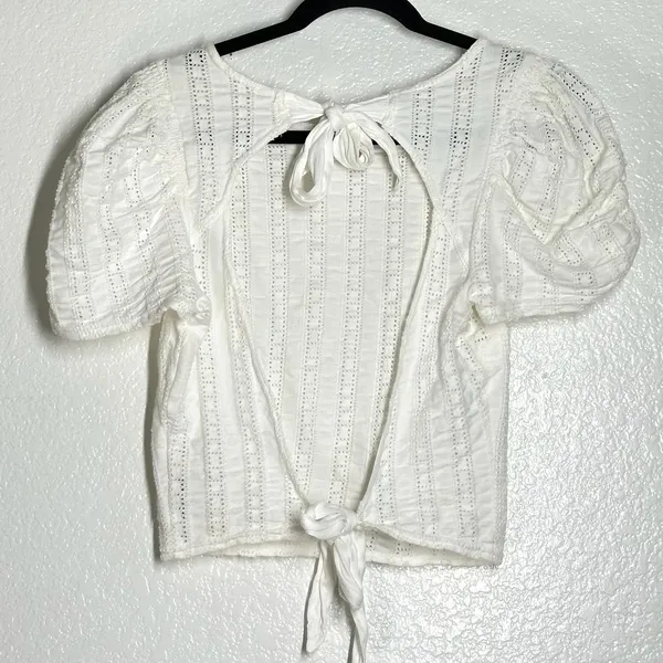 Free People S StarStruck white open back crop top Puff Shoulder eyelet lace bow - Image 4