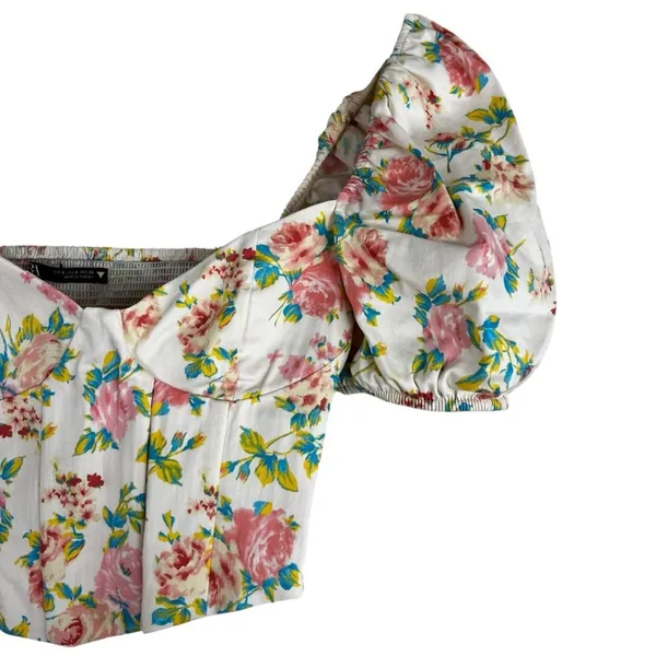 Zara Blouse Womens S White Floral Cropped Puff Sleeve Cottagecore Milkmaid - Image 3