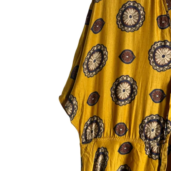 Nissa Marigold Medallion Print Silk Blend Short Sleeve A-Line Midi Dress Size 8 - Image 11