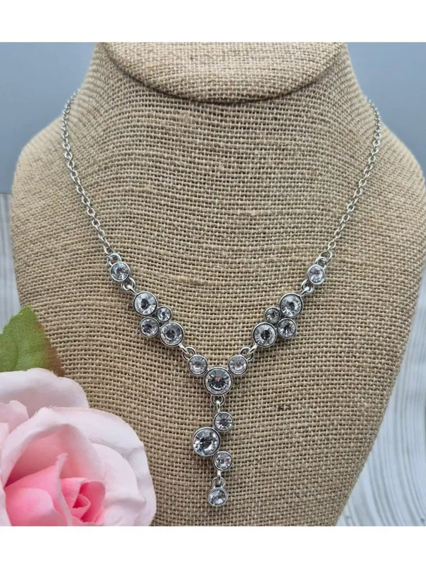 Crystal Y Drop Necklace Silver Tone Chain Formal Jewelry 19" - Image 2