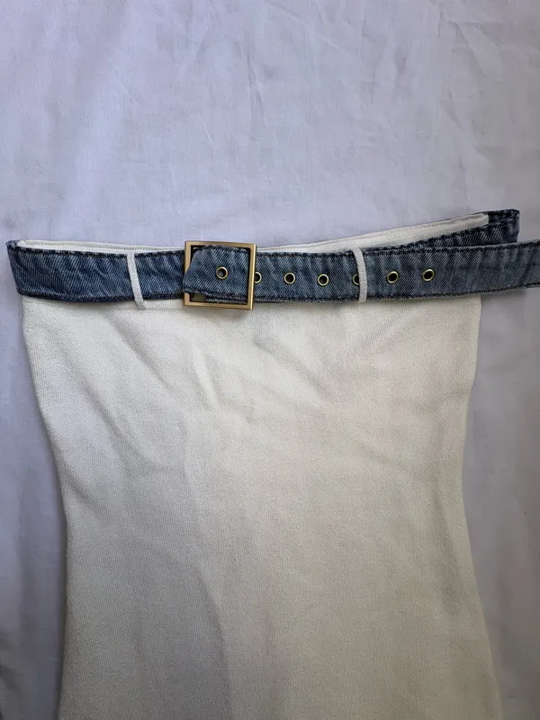 LU♥NYC White Strapless Bodycon Midi Dress L Denim Belt Y2K - Image 3