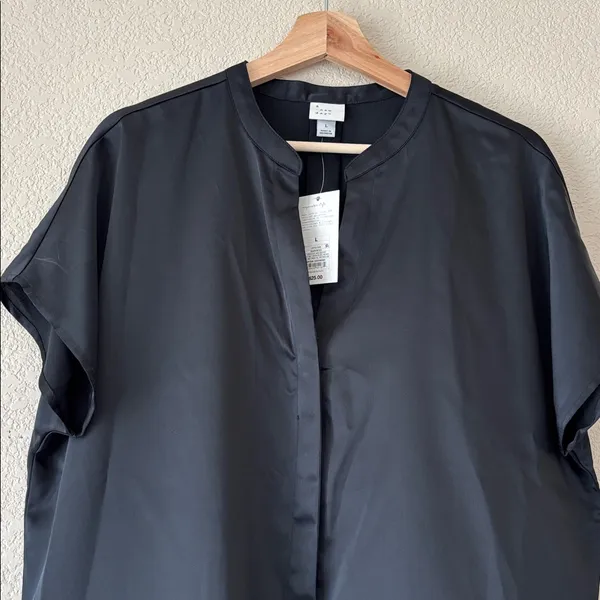 A New Day Black Short Sleeve Satin Shirt With Notch Neck. NWT - Image 2