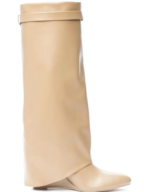 Over-the-Knee Smooth Beige Faux Leather Wedge Boots Size 9.5 Wide - Image 2