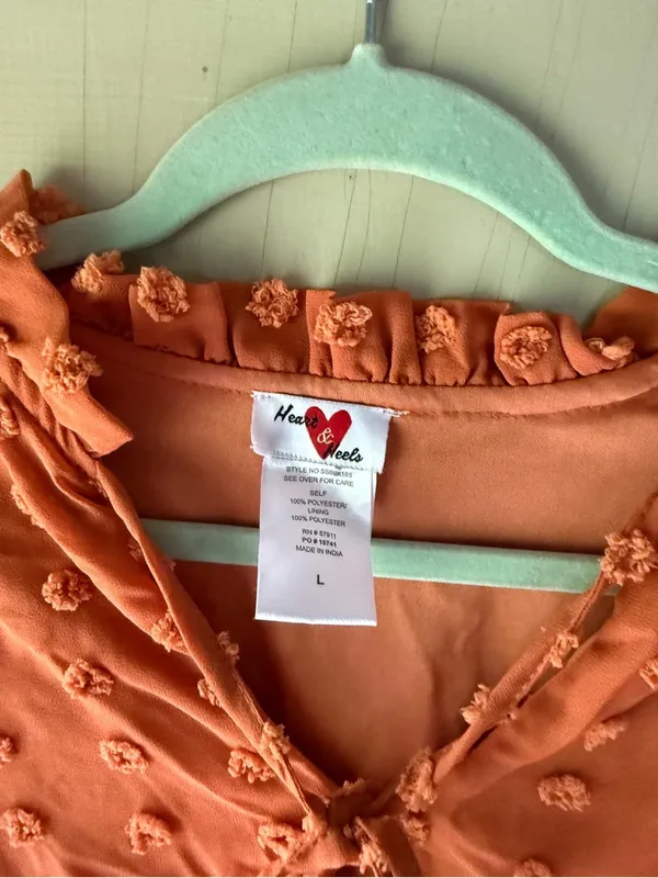 Women's Long Sleeve Ruffle Swiss Dot Dress in Orange - Image 2