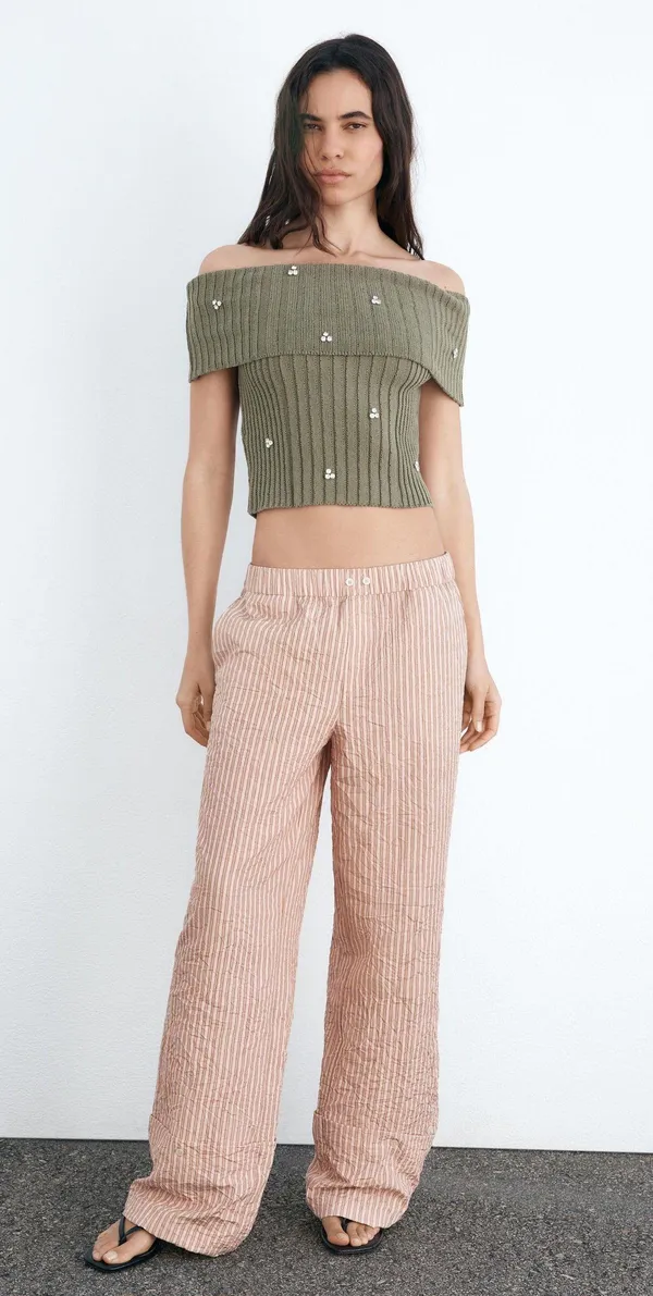 ZARA Green Off The Shoulder Rhinestone Top - Image 2