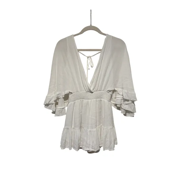 White V-Neck Ruffle Sleeve Smocked Waist Blouse - Image 4