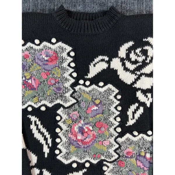 Vtg 90s Grandma Sweater L Black‎ Floral Ramie Cotton Textured Patchwork Cottage - Image 8