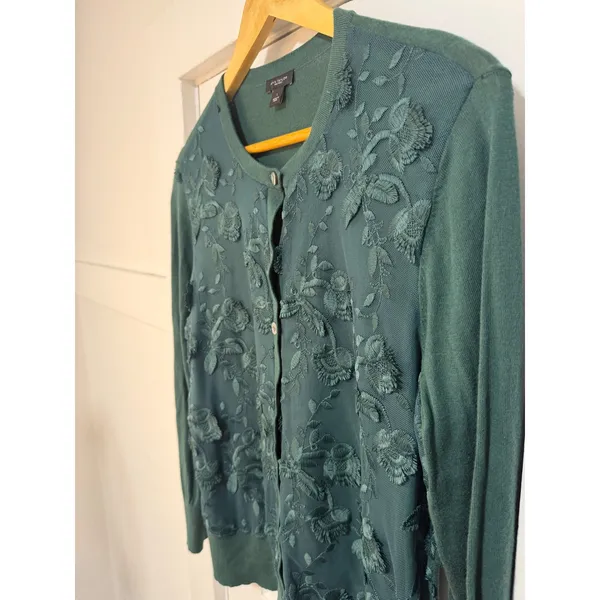 Ann Taylor Factory Teal Green Floral Embroidered Mesh Cardigan Sweater Large - Image 6