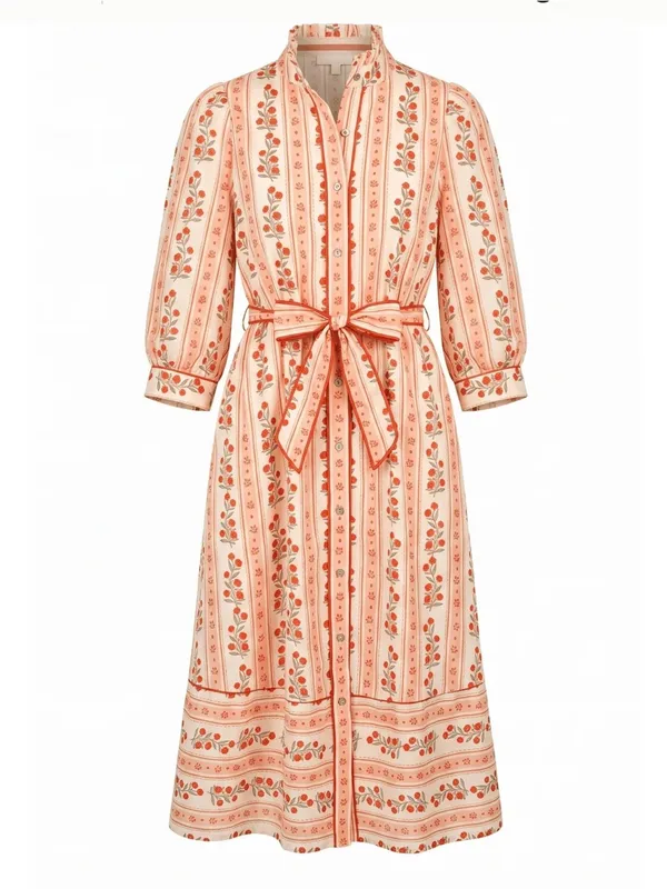 Entro Floral 100% Cotton Puff Sleeve Belted Midi Dress with Pockets Size Small - Image 3