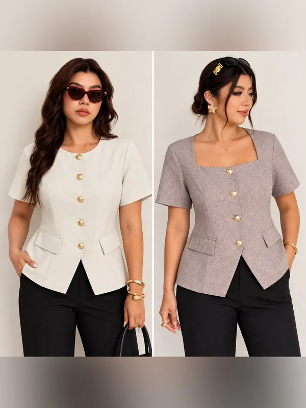 SHEIN Women’s Short Sleeve Blazer Tops Gold Buttons Set of 2 size 1XL ( 14 US ) - Image 2