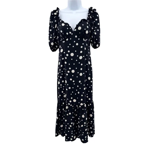 Lovers + Friends Dennis Midi Dress‎ Black White Polka Dot Ruffle XXS Puff Sleeve - Image 3