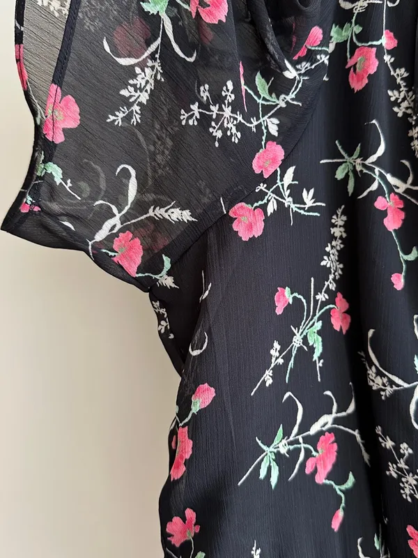 Haver London Smocked Waist Floral Flowy Blouse, Black/Pink, Size Large - Image 6