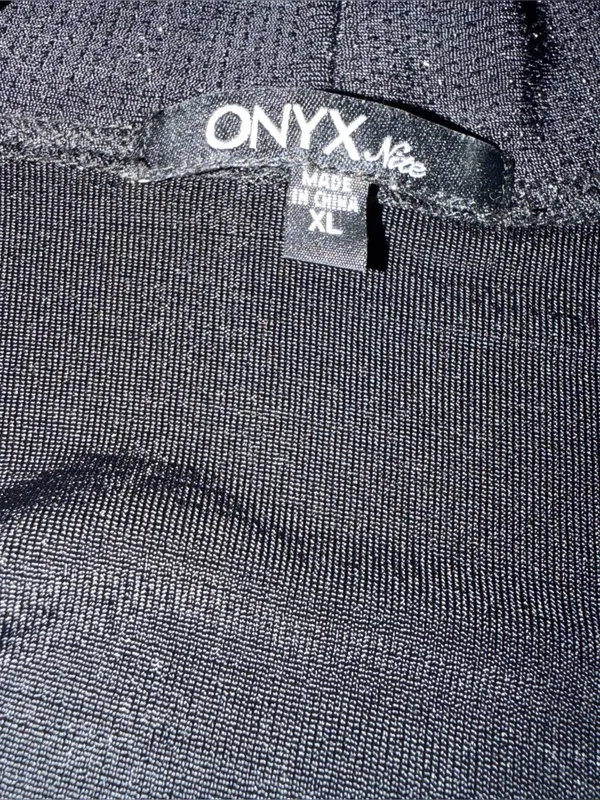 Onyx Nite XL Black Metallic Shimmer Open Front Ruffle Hem Cover Up Cardigan - Image 3