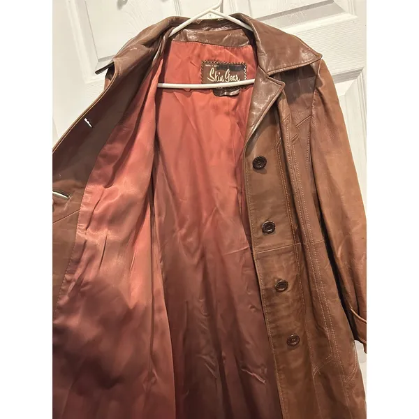 Vintage Skin Gear Brown Napa Leather Trench Coat Long Belted Button Front Medium - Image 12