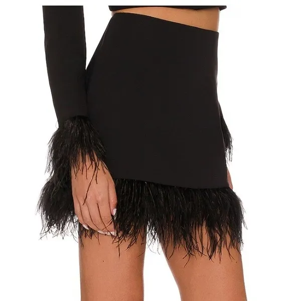 Amanda Uprichard Dessa Mini Skirt Womens XS Black Feather Trim Glam Party Modern - Image 2