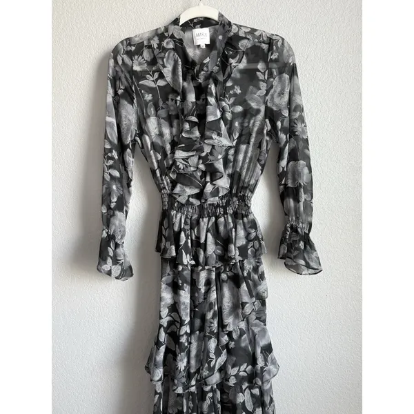 MISA Los Angeles Agnese Ruffle Tiered Midi Dress Chiffon Black Floral Boho XS - Image 6