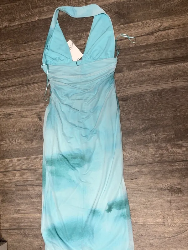 NWT Zara Aqua Watercolor Halter Midi Dress Size L - Image 4