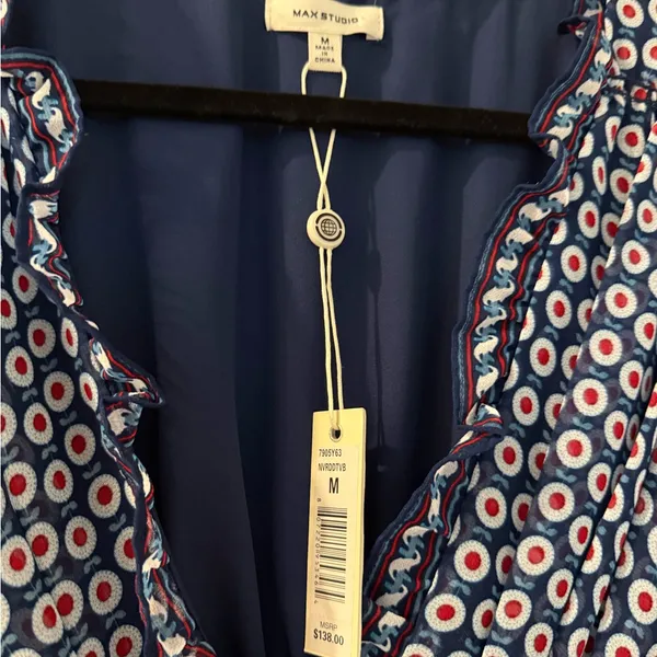 Max Studio Navy Printed V-Neck Smocked Maxi Dress NWT - Image 2