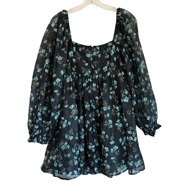 Lulus Black Blue Floral Puff Sleeve Square Neck Babydoll Mini Dress Medium‎ - Image 8
