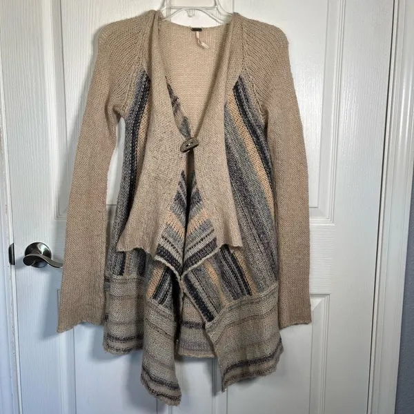 Free People Sz S Cardigan Toggle Closure Wool Blend Tan Blue Metallic - Image 13