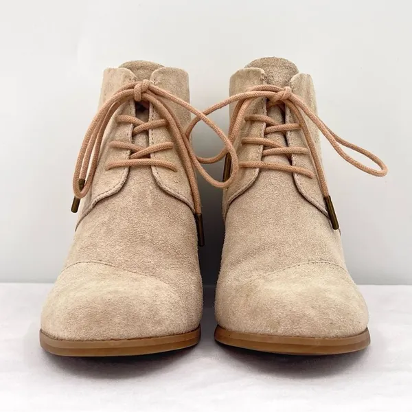 Toms Hyde Sand Suede Leather Creamy Tan Lace Up Wedge Heel Ankle Bootie Size 8 - Image 10