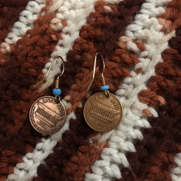 Retro Boho Hippie Indie Handmade Blue Bronze Copper gold cent penny money hoop earrings - Image 2