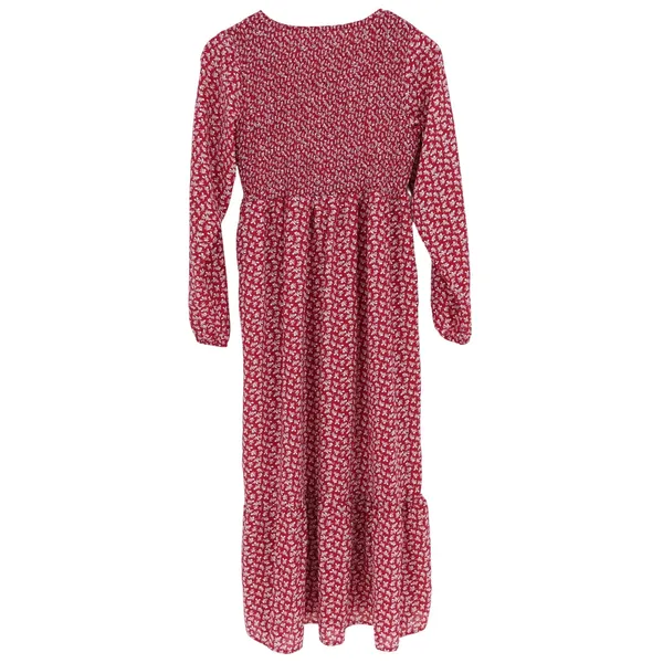 Unbranded Red Floral Smocked Tiered Midi Dress Long Sleeve Medium Boho - Image 4
