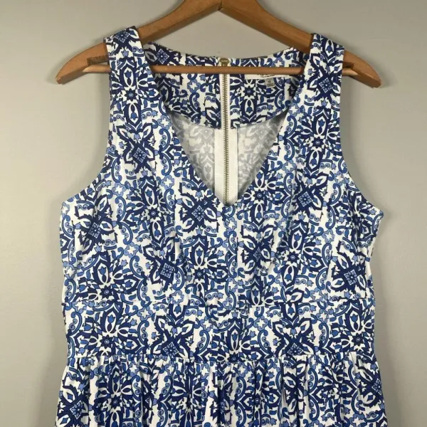 Milly Blue White Cotton Floral Sleeveless‎ V-Neck Shift Dress Sz 10 Fit & Flare - Image 4