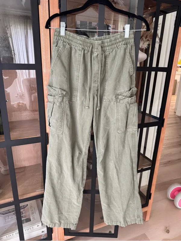 Aerie olive fun Village Cargo Pants jeans drawstring pockets wide leg mid rise - Image 7