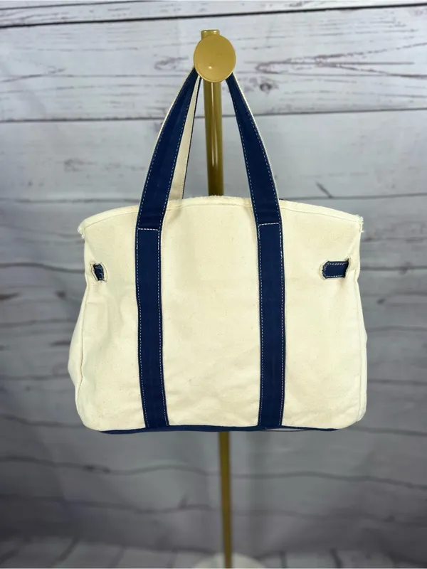 Designer Inspired Ivory & Navy Canvas Satchel Tote Bag Gold Hardware - Image 8