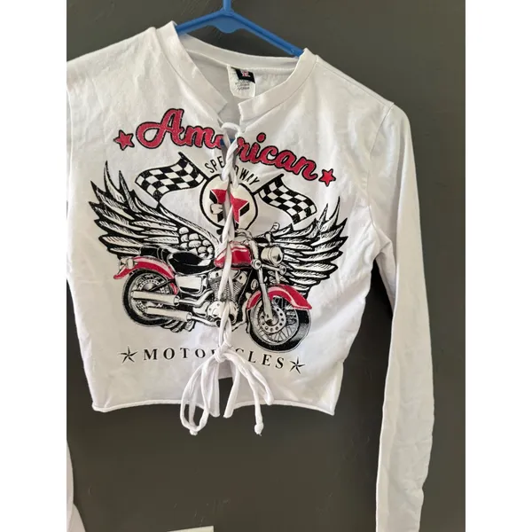 JNK American Speedway Motorcycle Lace Up Crop Top White Long Sleeve S Biker‎ - Image 2