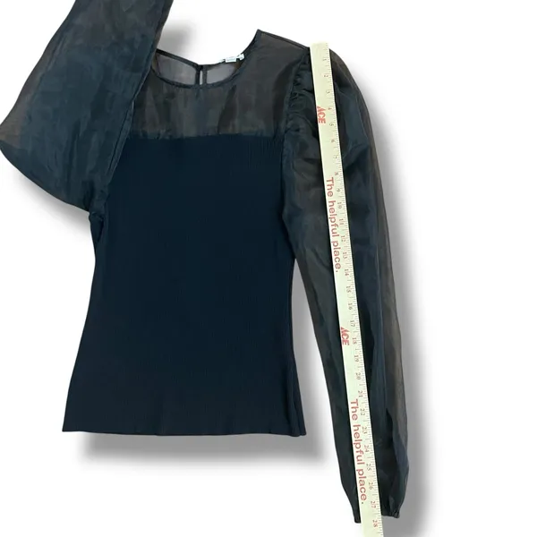 Black Sheer Puff Sleeve Top Ribbed Knit Romantic‎ Coquette Blouse L - Image 4
