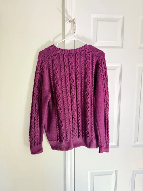 LL Bean Sweater Womens XL Purple 100% Cotton Cable Knit Crewneck Pullover Preppy - Image 6