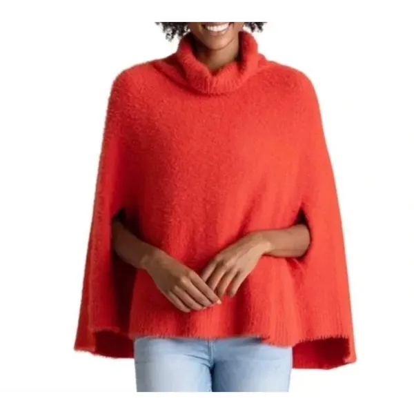 MERSEA Chalet Poncho Sweater Aperol Orange Cowl Neck Cozy Luxe Cape‎ Knit - Image 2