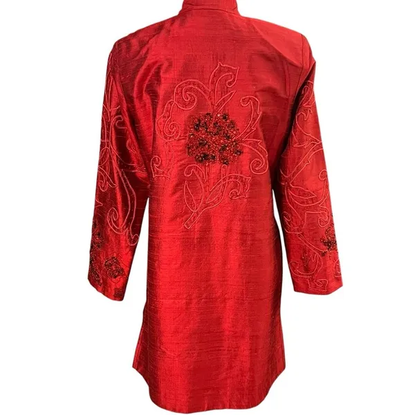 Vintage Anage Red Silk Beaded Sequins Kimono Jacket Sz S Artsy Boho Embroidered - Image 4
