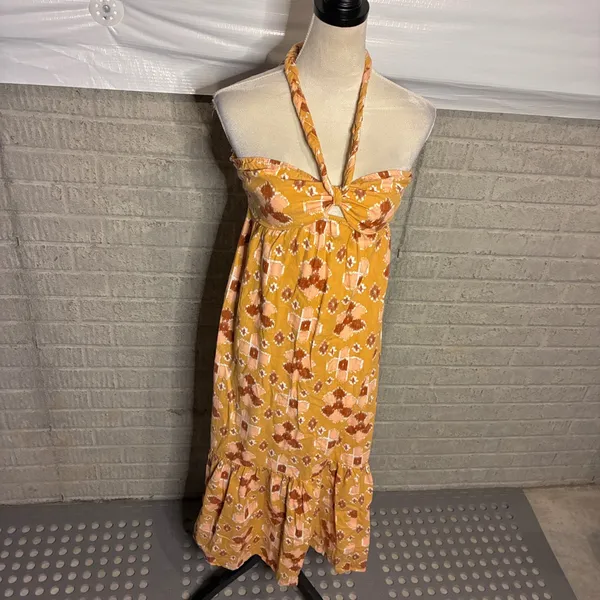 Aerie Orange Ikat Print Braided Halter Midi Dress Smocked Back Small - Image 4