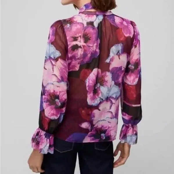 White House Black Market Purple Floral Tie Neck Blouse •Small - Image 7