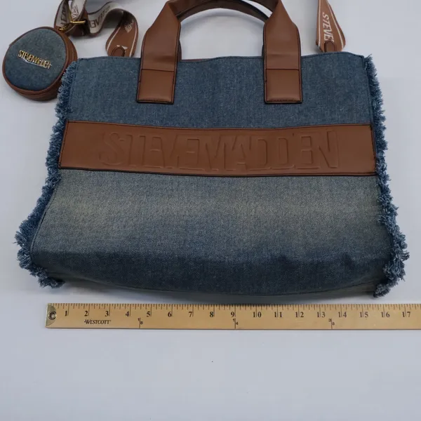 Steve Madden Tote Bag Women Blue Denim Frayed Log Large Satchel - Image 2