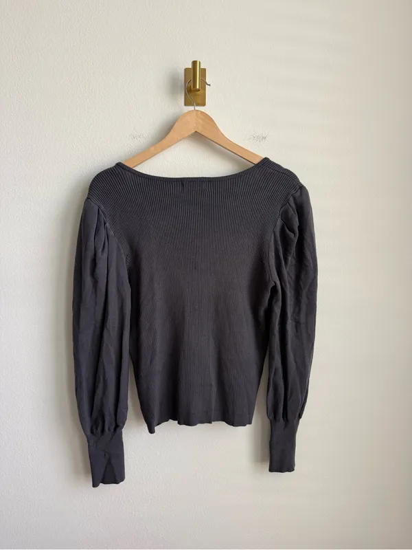 Evereve Hilary V-Neck Puff Sleeve Ribbed Pullover Sweater Grey Large - Image 6