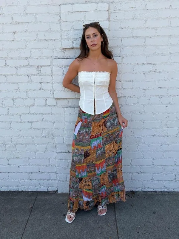 Free People Vtg 70s 80s boho animal print safari multicolored maxi skirt- sz L - elastic is pretty worn #boho - Image 4