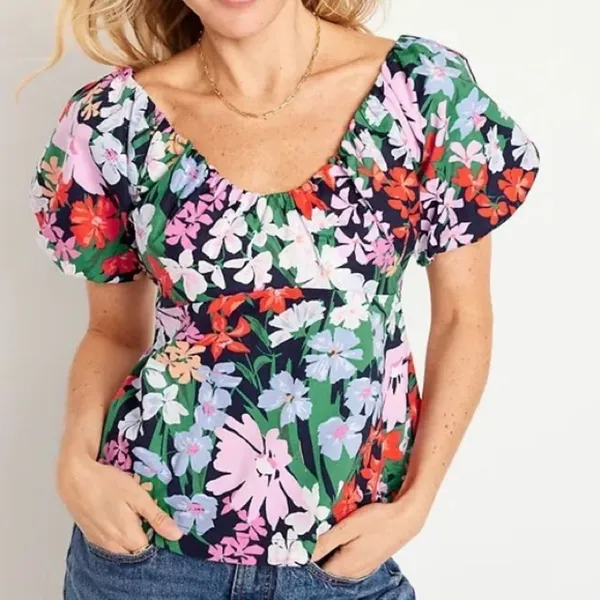 Old Navy Floral Puff Sleeve Peplum Flared Hem V‎ Neck Top Shirt Blue Multi Small - Image 2