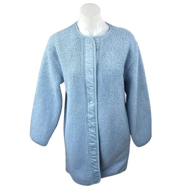 Aritzia Wilfred Free Blue Faux Sherpa Long Sleeve Snap Longline Jacket Size XS - Image 2
