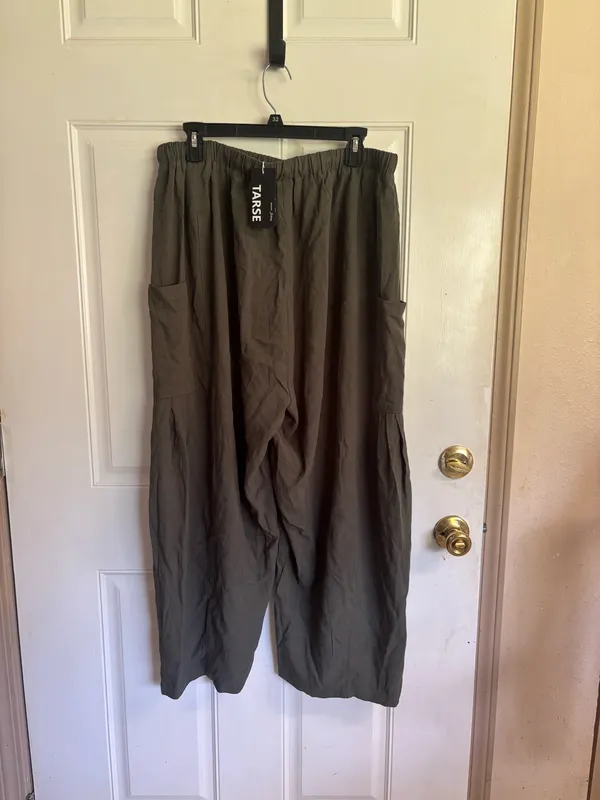 NWT XL TARSE Green Linen Wide Leg Palazzo Harem Pants with Pockets - Image 2