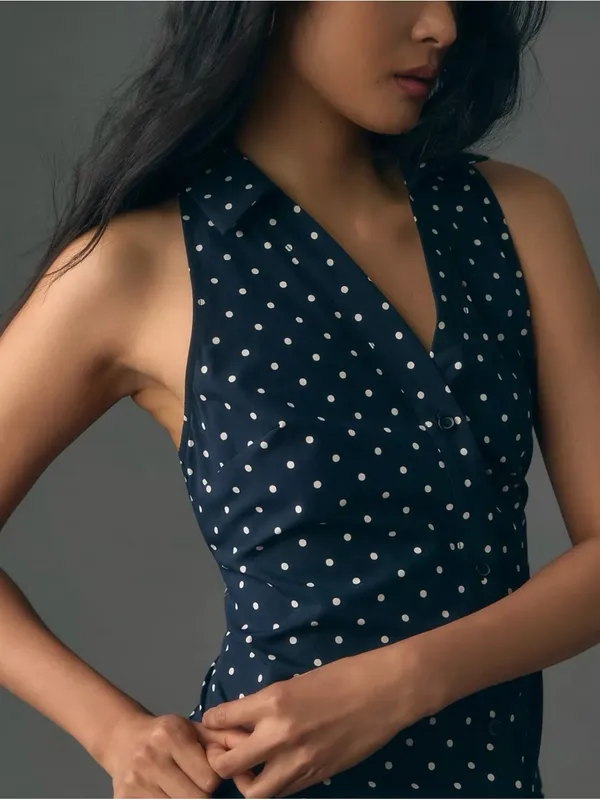 Anthropologie Maeve Polka Dot Navy Halter Midi Dress Size S - Image 3